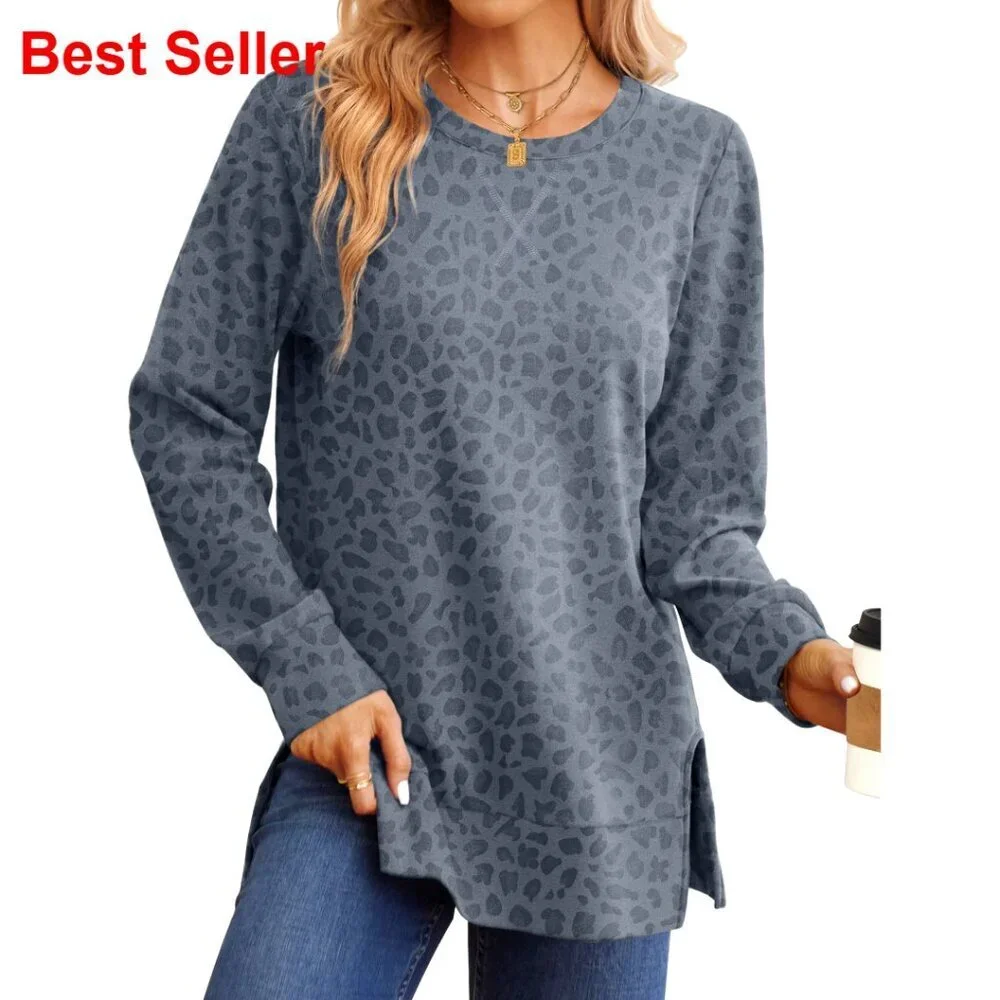 Women's Side Split Hem Sweatshirt Relaxed Fit Long Sleeve Trendy